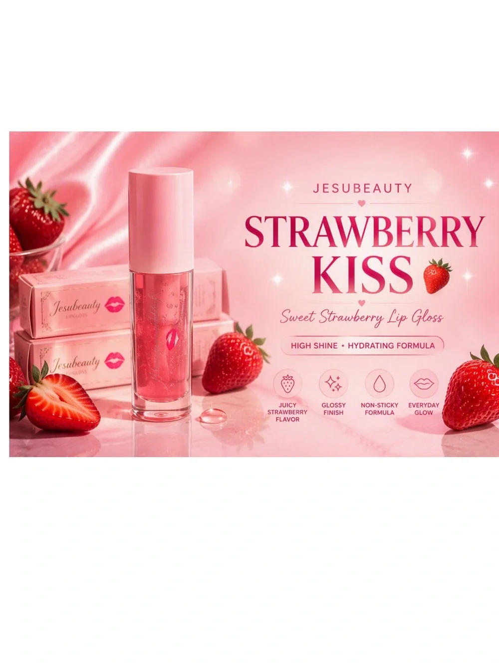 Jesubeauty Strawberry Kiss Pink Lip Gloss - Hydrating High Shine
